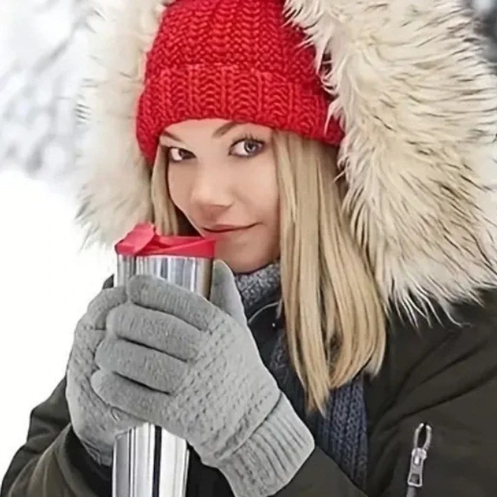 Unisex Thermal Warm Thick Plush Lined Touchscreen Gray‎ Gloves NEW Winter OS